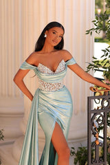 Mermaid Off The Shoulder V Neck Lace Rhinestones Formal Dress With Slit