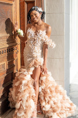 Mermaid One Shoulder Beaded Pearls Formal Dress With Slit