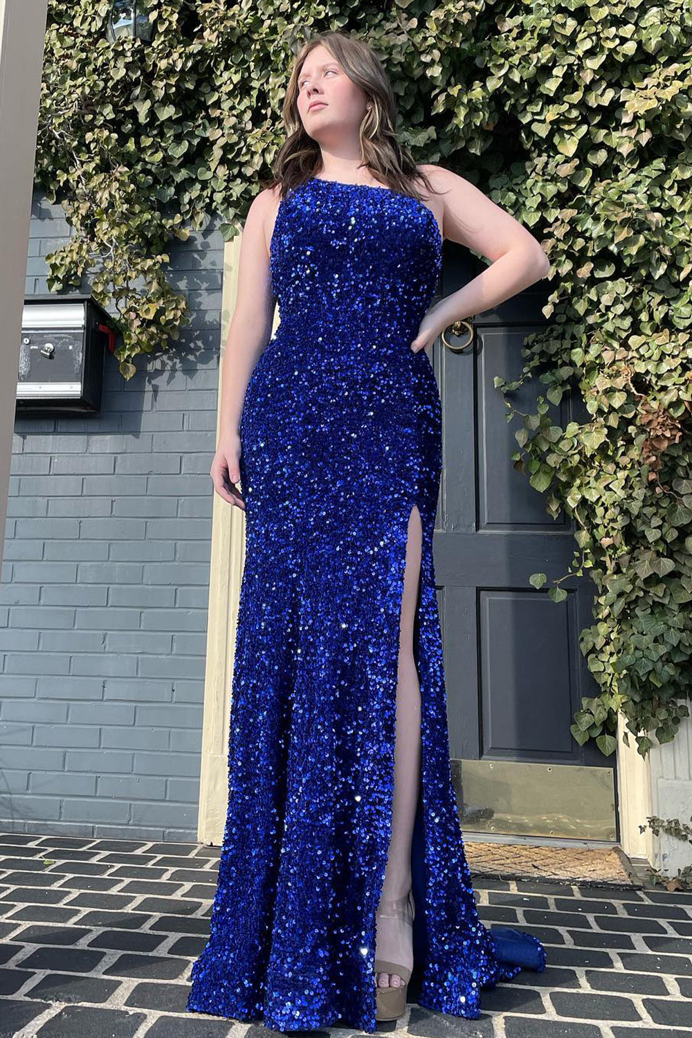 Mermaid One Shoulder Fuchsia Prom Dress Sequined Evening Dress with Slit