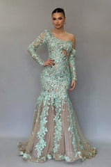 Mermaid One Shoulder Lace Beading Formal Dress With Sleeves