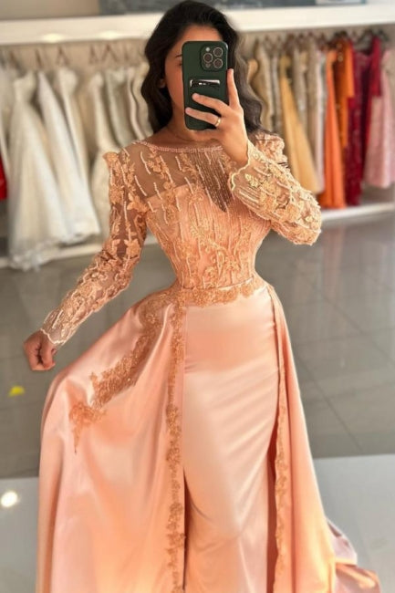 Mermaid Orange Crew Sleeves Lace Floor Length Detachable Panel Train Satin Formal Dress