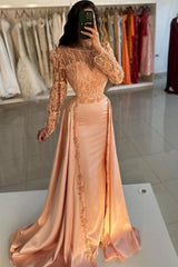 Mermaid Orange Crew Sleeves Lace Floor Length Detachable Panel Train Satin Formal Dress