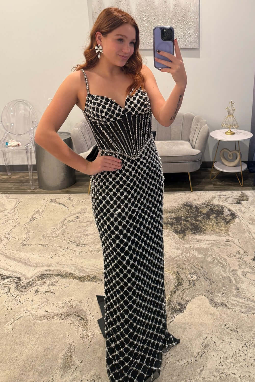 Mermaid Prom Dress Black Corset Long Formal Dress With Pearls