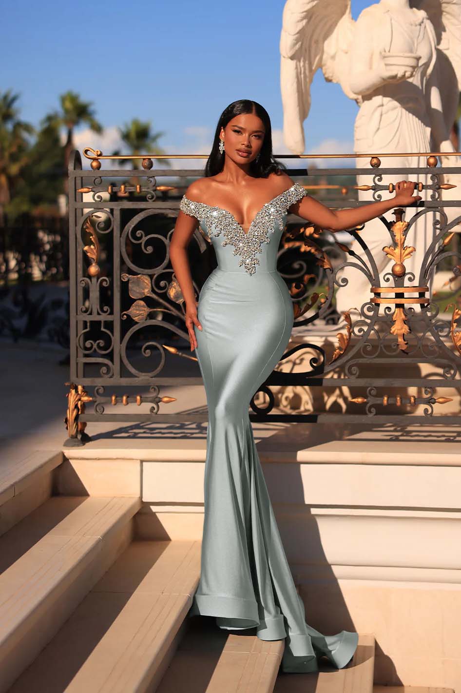 Mermaid Prom Dress Blue Off the Shoulder Beaded Formal Dress