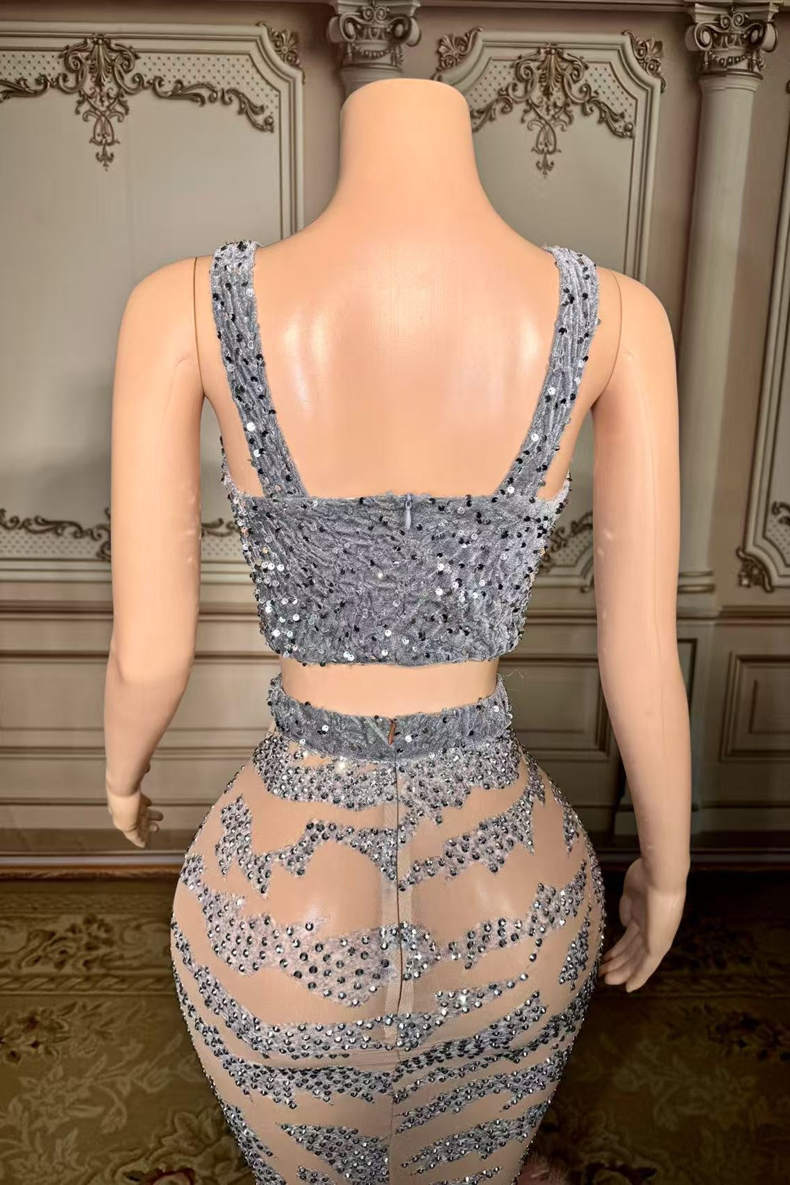 Mermaid Prom Dress Deep V Neck Formal Evening Dress with Beadings and Feathers