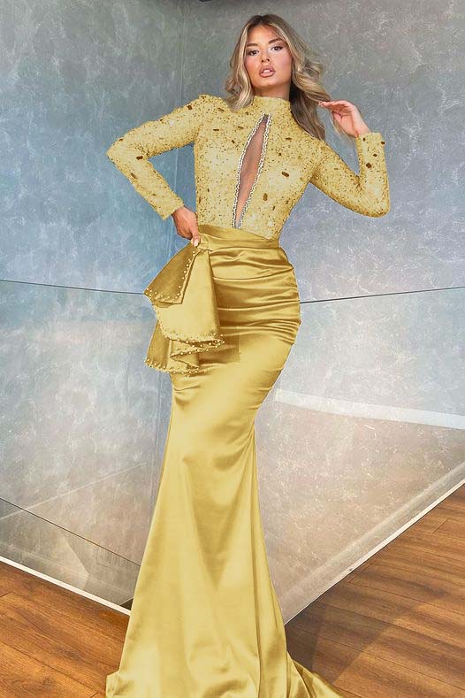 Mermaid Prom Dress Green Long Sleeve High Neck Beaded Formal Dress