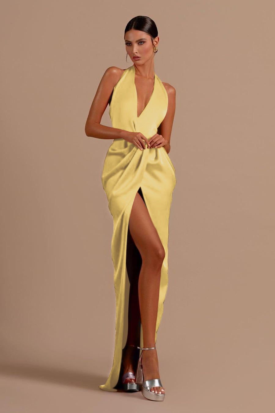 Mermaid Prom Dress Halter Neck Sleeveless Satin Formal Dress