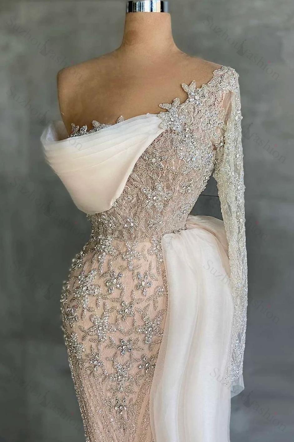 Mermaid Prom Dress Long Sleeve Asymmetric Beaded Formal Dress