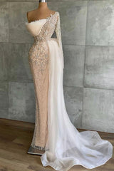 Mermaid Prom Dress Long Sleeve Asymmetric Beaded Formal Dress