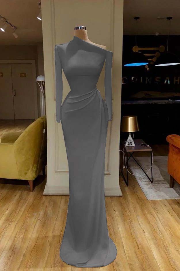 Mermaid Prom Dress Long Sleeve Asymmetric Neck Satin Formal Dress