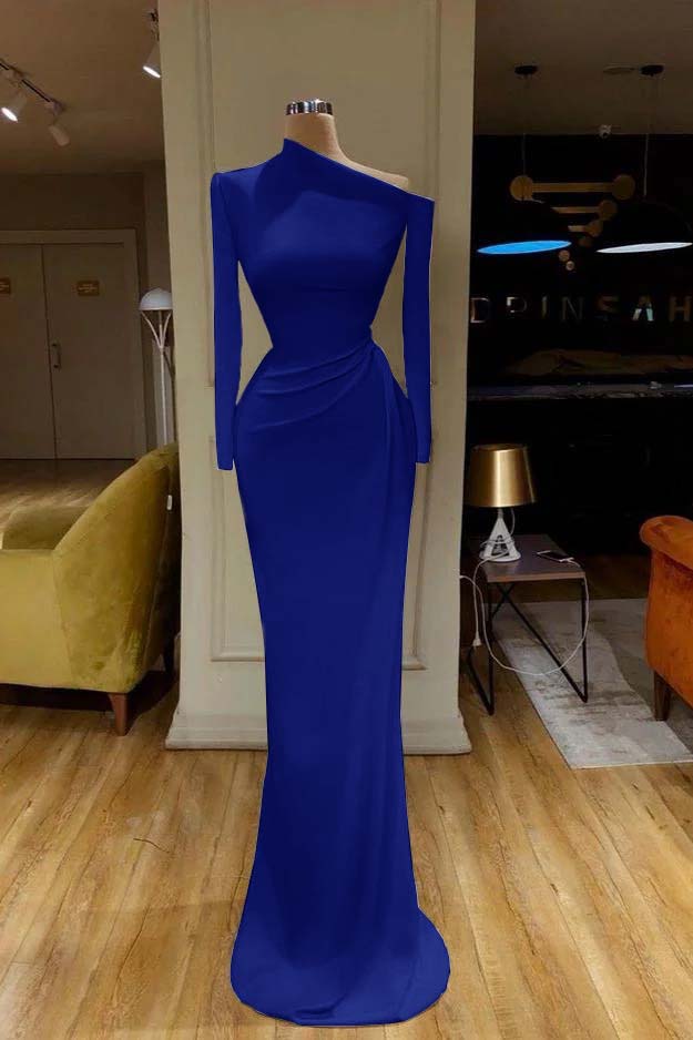 Mermaid Prom Dress Long Sleeve Asymmetric Neck Satin Formal Dress