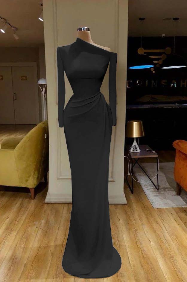 Mermaid Prom Dress Long Sleeve Asymmetric Neck Satin Formal Dress