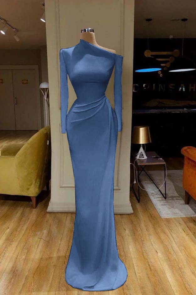 Mermaid Prom Dress Long Sleeve Asymmetric Neck Satin Formal Dress