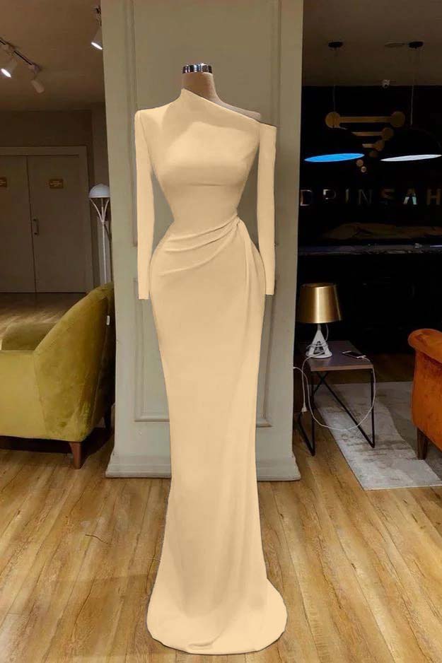 Mermaid Prom Dress Long Sleeve Asymmetric Neck Satin Formal Dress