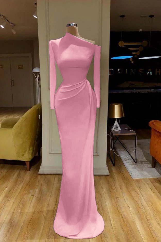 Mermaid Prom Dress Long Sleeve Asymmetric Neck Satin Formal Dress
