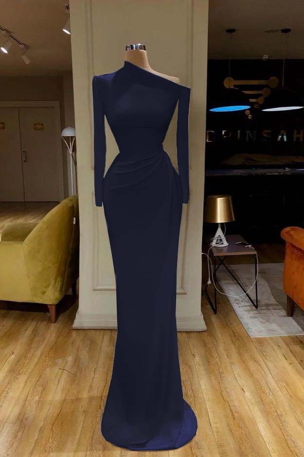 Mermaid Prom Dress Long Sleeve Asymmetric Neck Satin Formal Dress