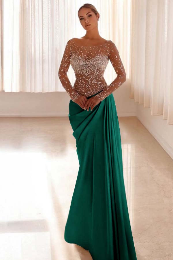Mermaid Prom Dress Long Sleeve Bateau Neck Beaded Formal Dress