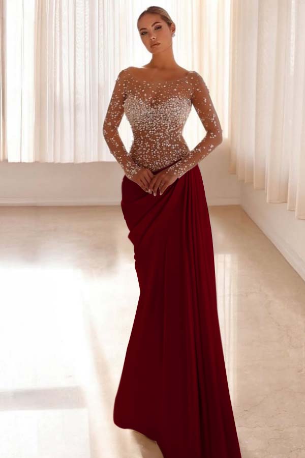 Mermaid Prom Dress Long Sleeve Bateau Neck Beaded Formal Dress