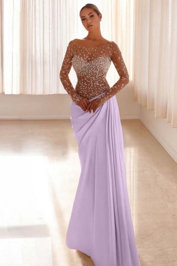Mermaid Prom Dress Long Sleeve Bateau Neck Beaded Formal Dress