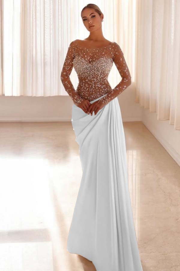 Mermaid Prom Dress Long Sleeve Bateau Neck Beaded Formal Dress