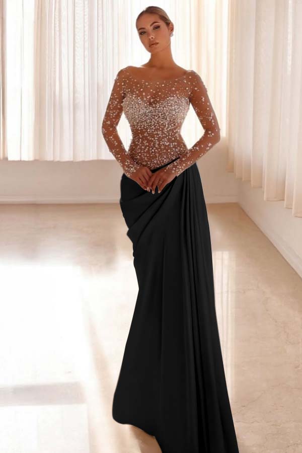 Mermaid Prom Dress Long Sleeve Bateau Neck Beaded Formal Dress