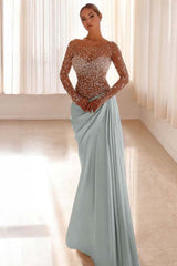 Mermaid Prom Dress Long Sleeve Bateau Neck Beaded Formal Dress