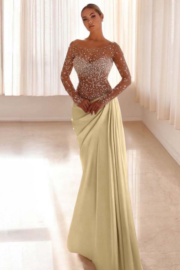 Mermaid Prom Dress Long Sleeve Bateau Neck Beaded Formal Dress