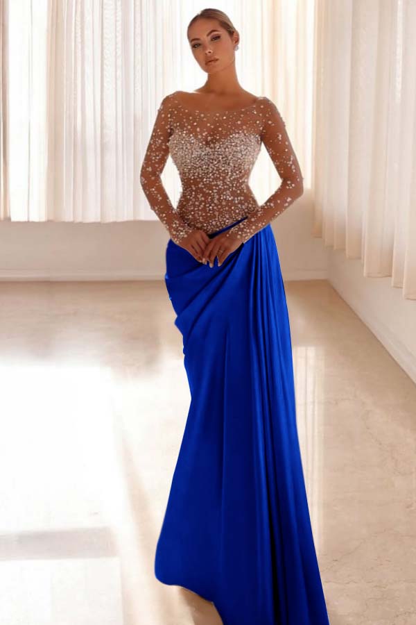Mermaid Prom Dress Long Sleeve Bateau Neck Beaded Formal Dress