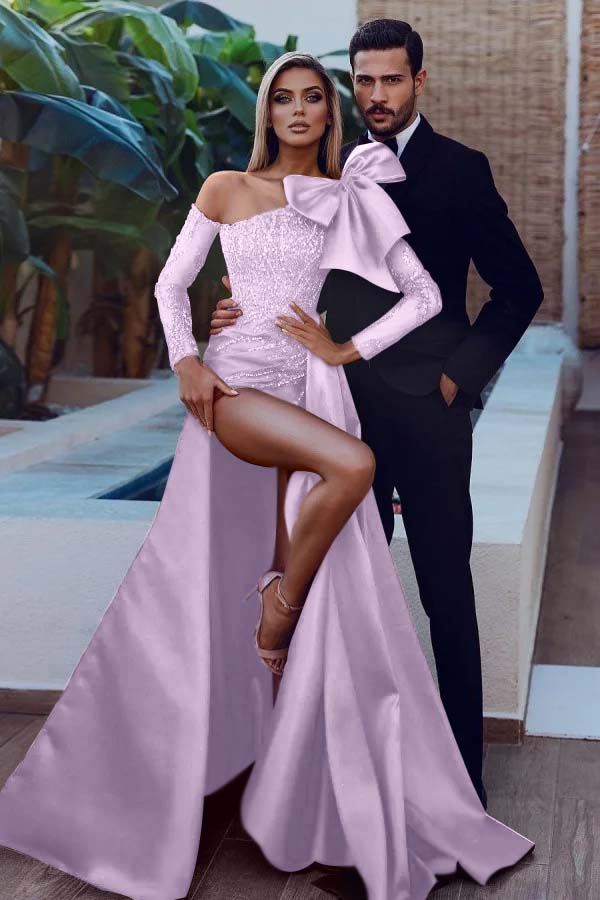 Mermaid Prom Dress Long Sleeve Beaded Asymmetric Neck Formal Dress