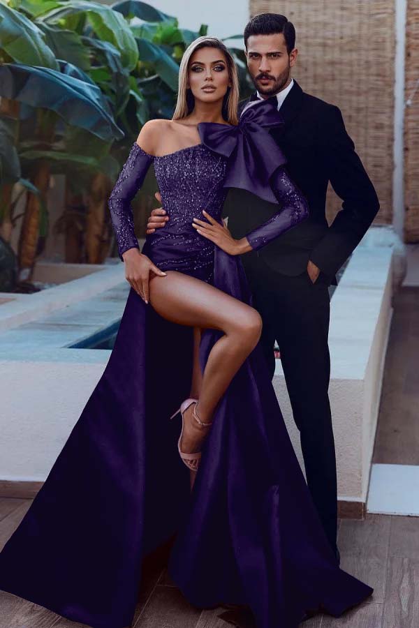 Mermaid Prom Dress Long Sleeve Beaded Asymmetric Neck Formal Dress