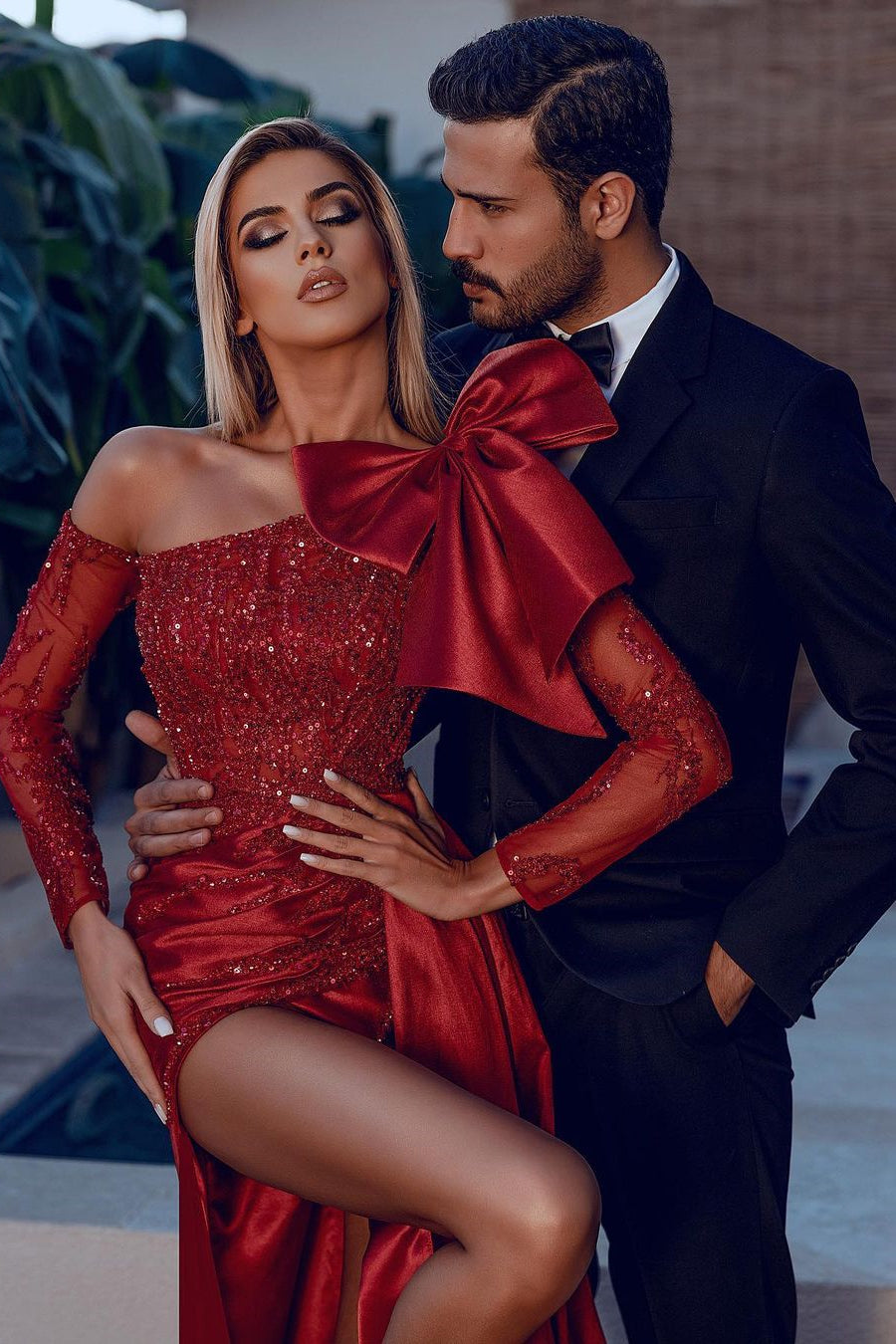 Mermaid Prom Dress Long Sleeve Beaded Asymmetric Neck Formal Dress