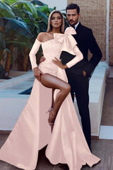 Mermaid Prom Dress Long Sleeve Beaded Asymmetric Neck Formal Dress