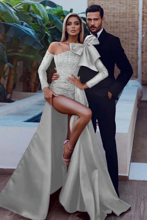 Mermaid Prom Dress Long Sleeve Beaded Asymmetric Neck Formal Dress