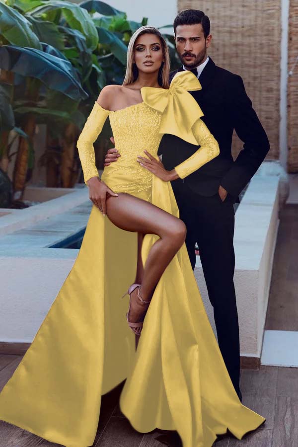 Mermaid Prom Dress Long Sleeve Beaded Asymmetric Neck Formal Dress