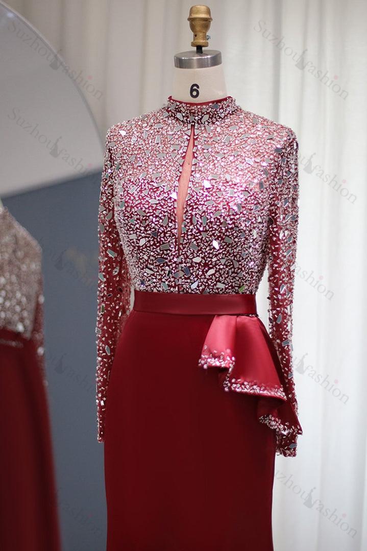 Mermaid Prom Dress Long Sleeve High Neck Beaded Formal Dress