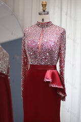 Mermaid Prom Dress Long Sleeve High Neck Beaded Formal Dress