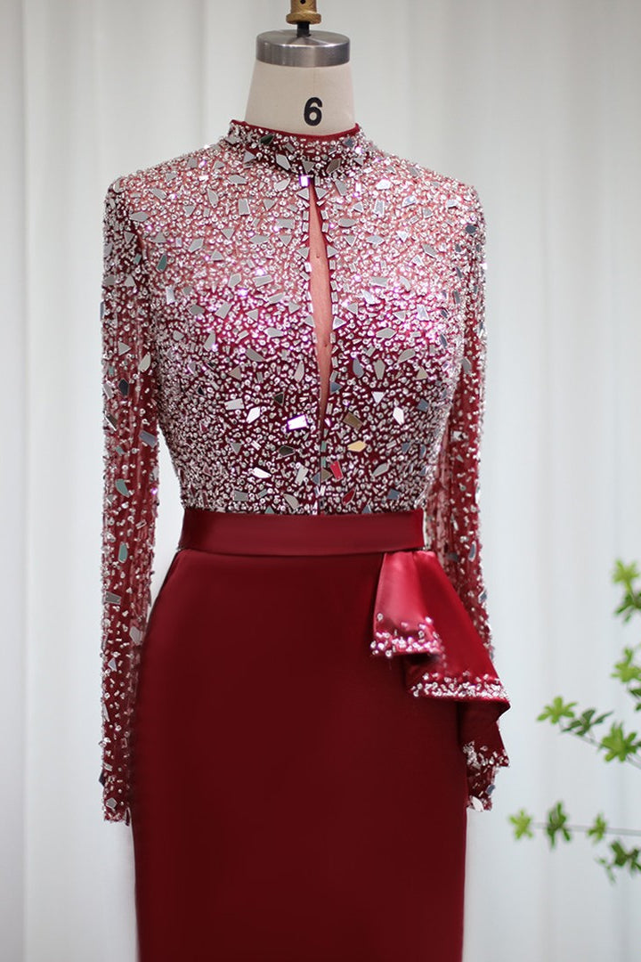 Mermaid Prom Dress Long Sleeve High Neck Beaded Formal Dress