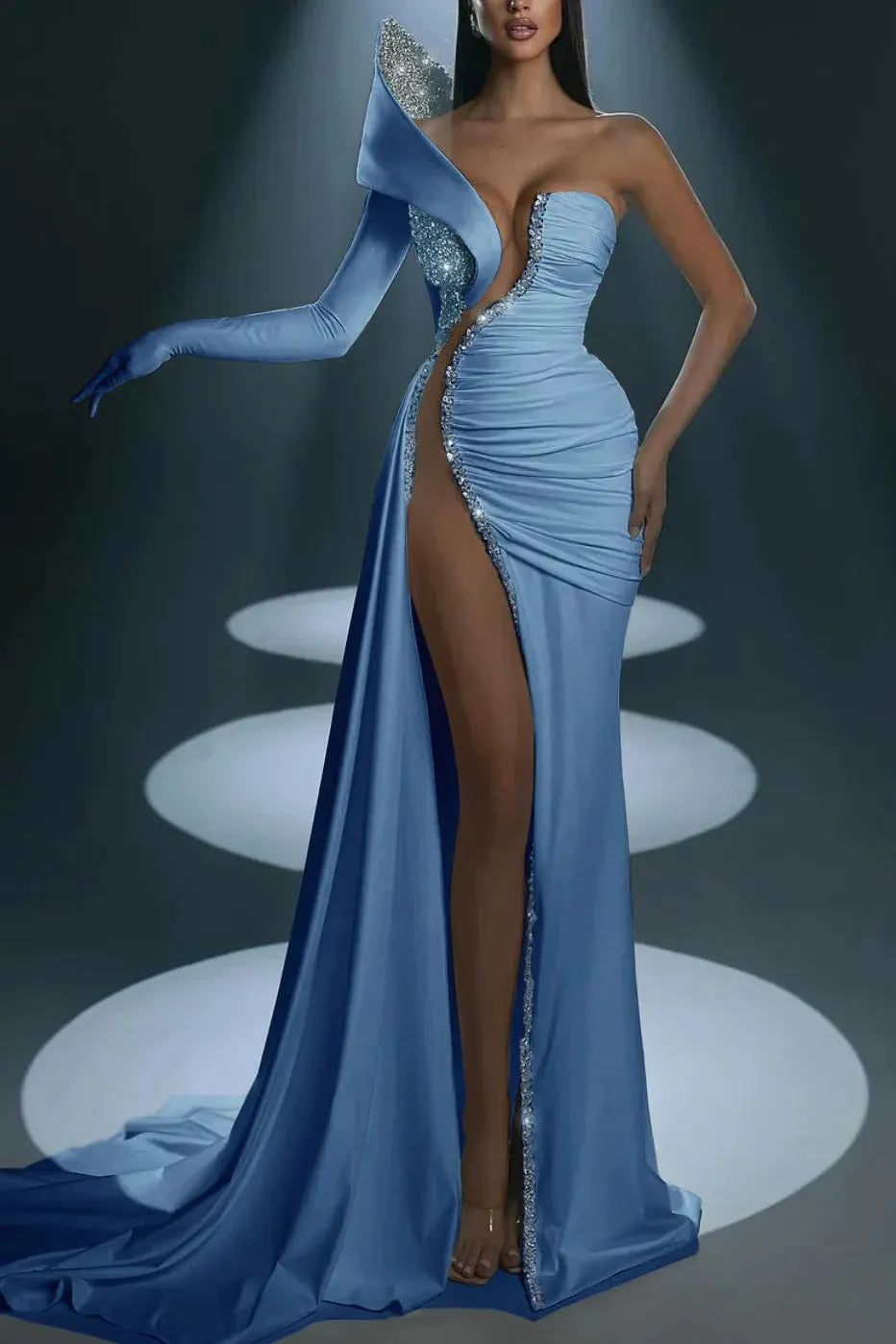 Mermaid Prom Dress Long Sleeve One Shoulder Beaded Formal Dress