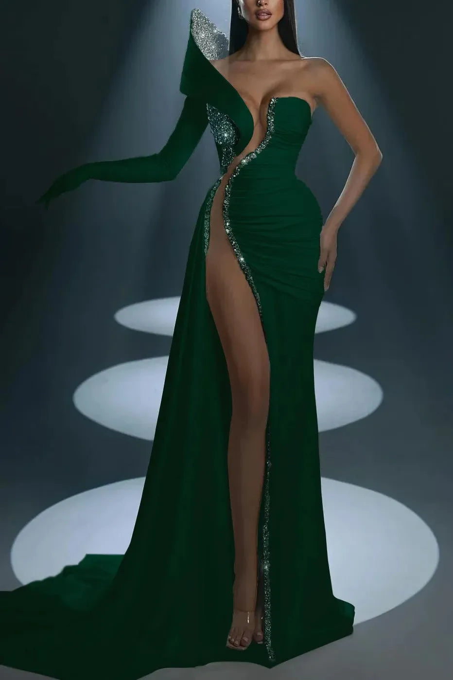 Mermaid Prom Dress Long Sleeve One Shoulder Beaded Formal Dress