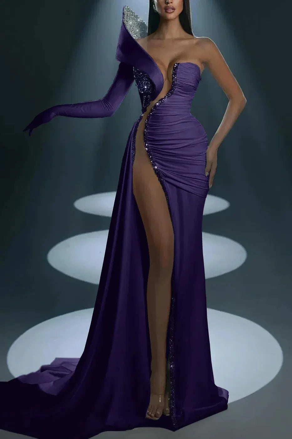 Mermaid Prom Dress Long Sleeve One Shoulder Beaded Formal Dress