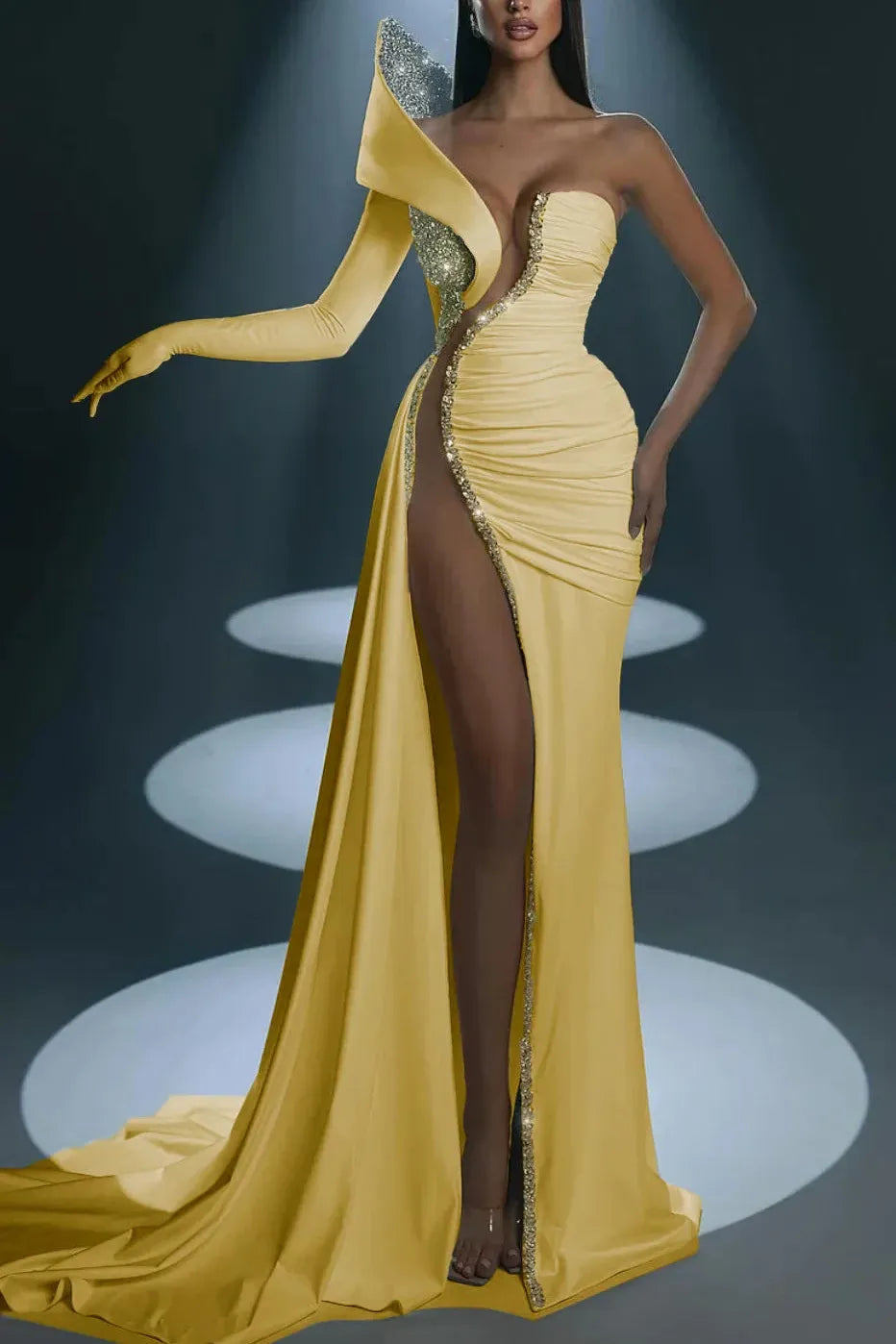 Mermaid Prom Dress Long Sleeve One Shoulder Beaded Formal Dress