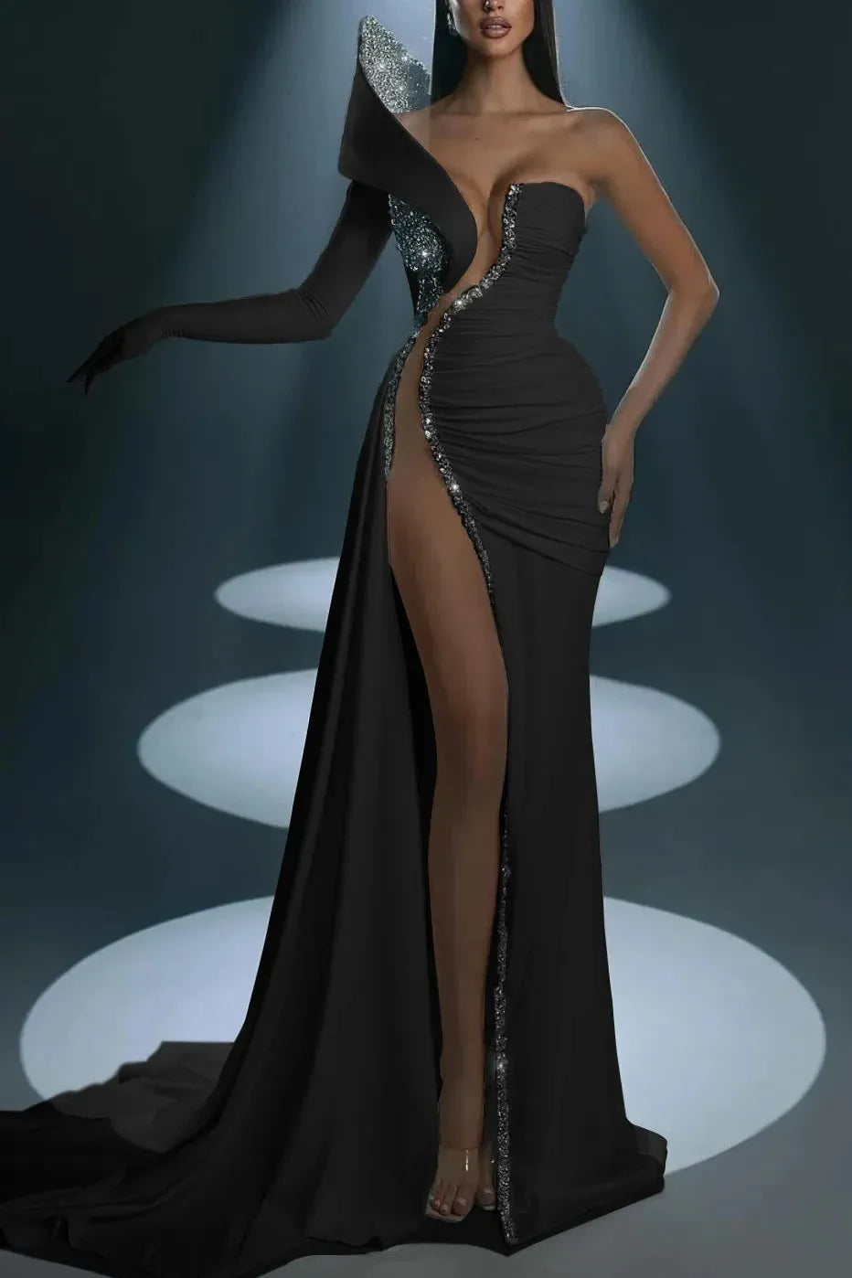 Mermaid Prom Dress Long Sleeve One Shoulder Beaded Formal Dress