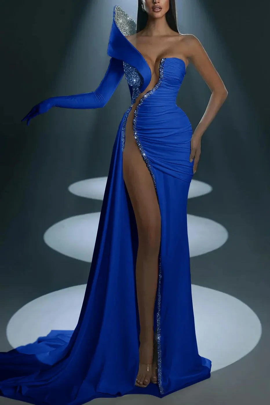 Mermaid Prom Dress Long Sleeve One Shoulder Beaded Formal Dress