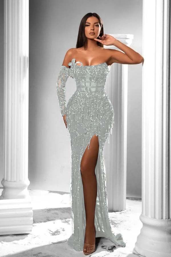 Mermaid Prom Dress Long Sleeve Strapless Sequined Formal Dress