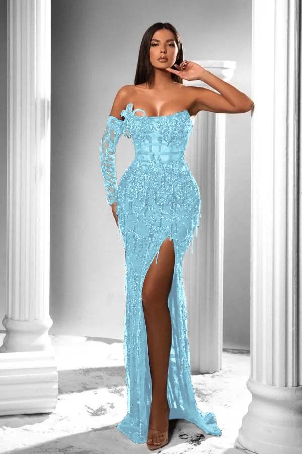 Mermaid Prom Dress Long Sleeve Strapless Sequined Formal Dress