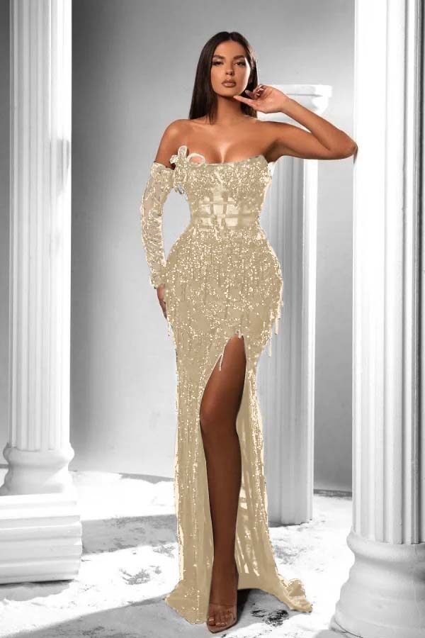 Mermaid Prom Dress Long Sleeve Strapless Sequined Formal Dress