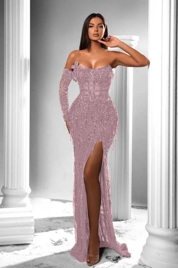 Mermaid Prom Dress Long Sleeve Strapless Sequined Formal Dress