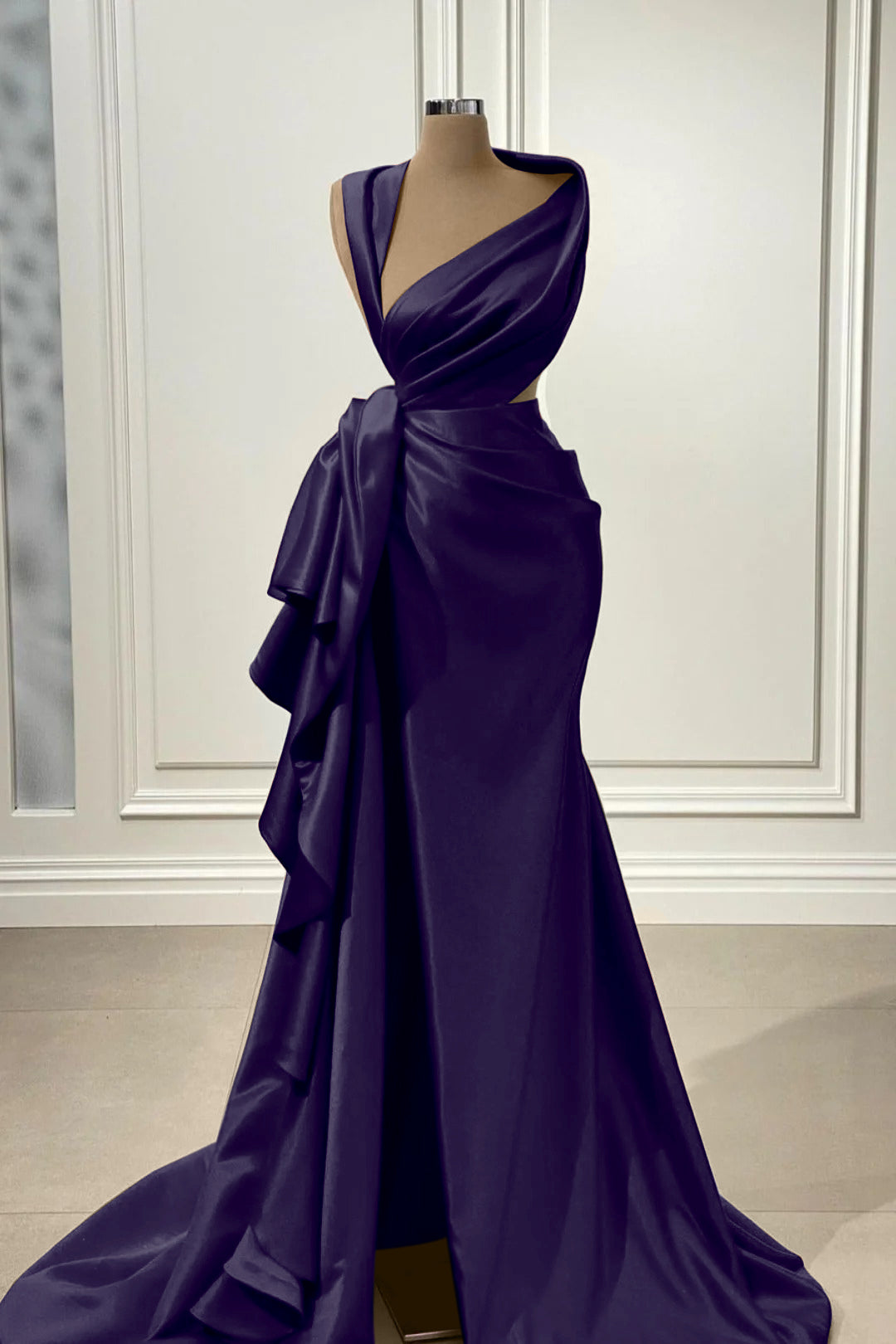 Mermaid Prom Dress Sleeveless Asymmetric Neck Satin Formal Dress