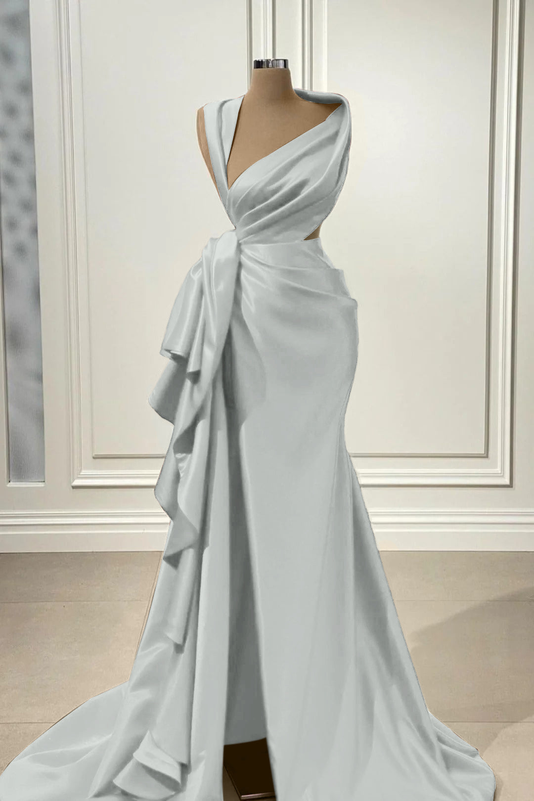 Mermaid Prom Dress Sleeveless Asymmetric Neck Satin Formal Dress