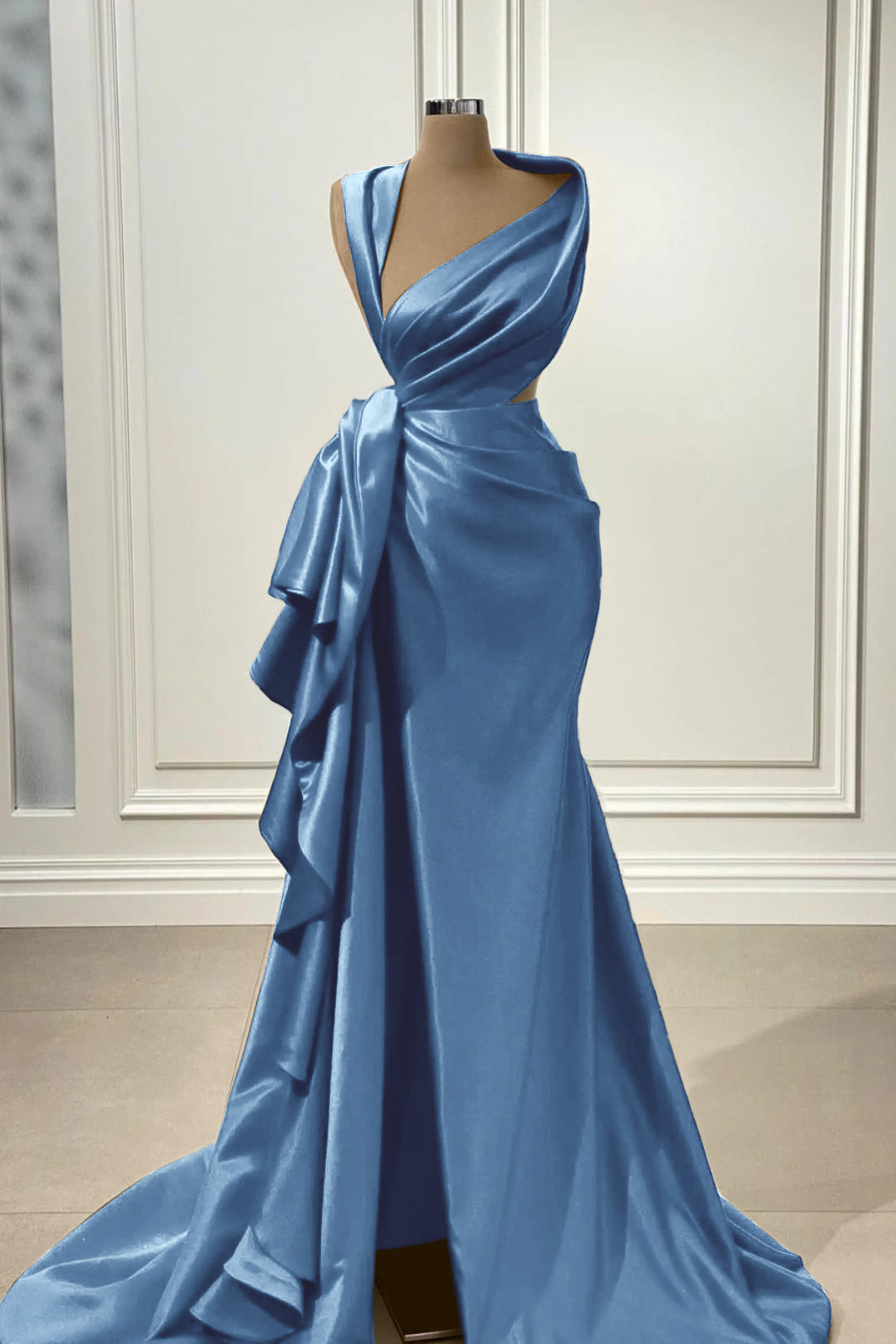 Mermaid Prom Dress Sleeveless Asymmetric Neck Satin Formal Dress